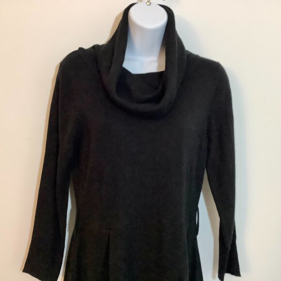 Black Sweater Feel Acrylic Dress Cowl Neck Long Sleeve Fitted Waist Sz Medium - Picture 2 of 11